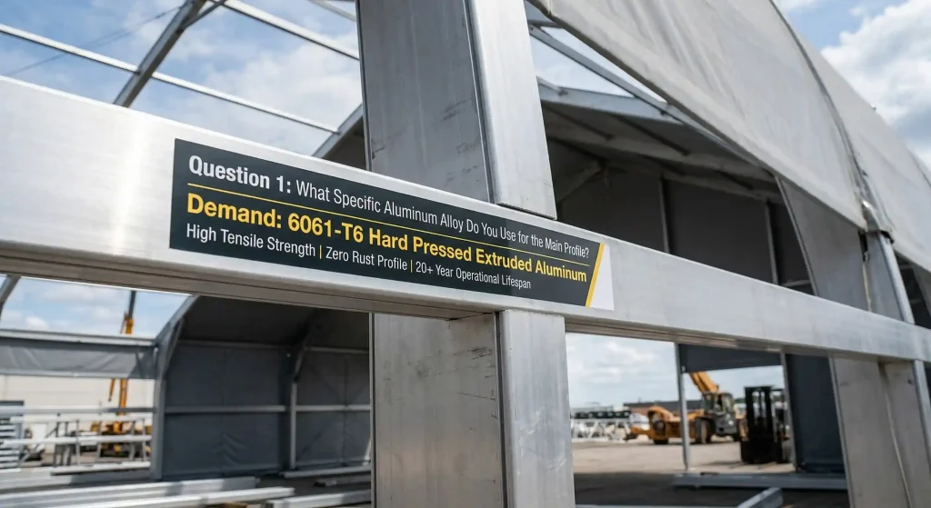 Close-up of 6061-T6 hard pressed extruded aluminum frame for clear span structures.