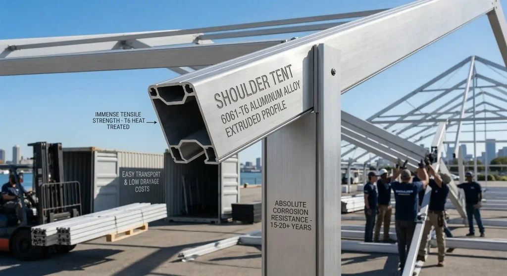 Close-up of a Shoulder Tent 6061-T6 heavy-duty extruded aluminum profile during installation.
