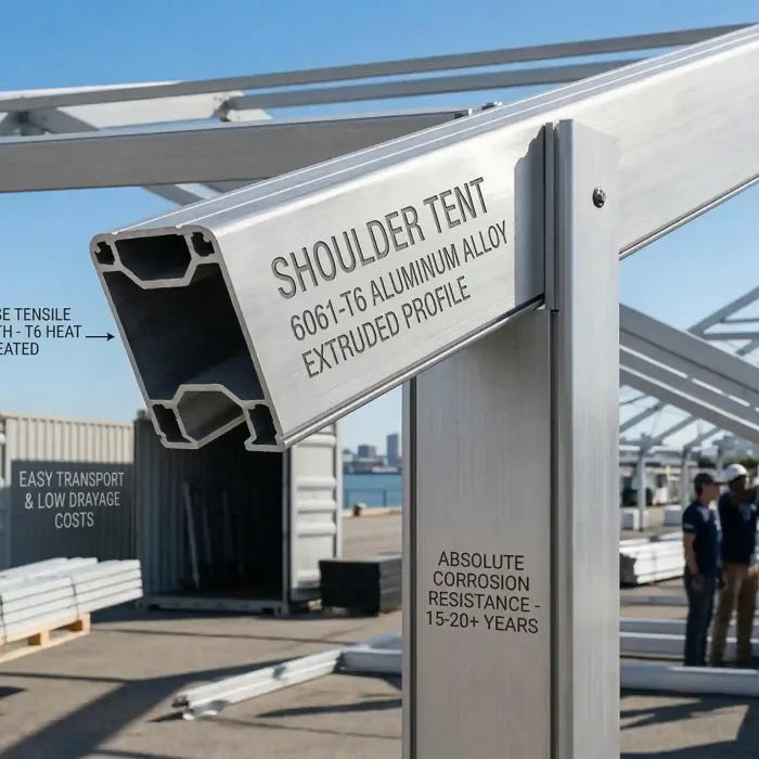 Close-up of a Shoulder Tent 6061-T6 heavy-duty extruded aluminum profile during installation.