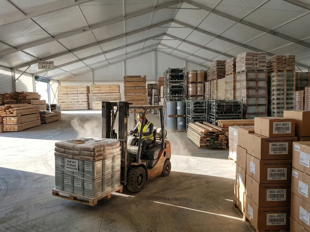 Clear span warehouse tent interior showing a forklift actively moving palletized boxes.