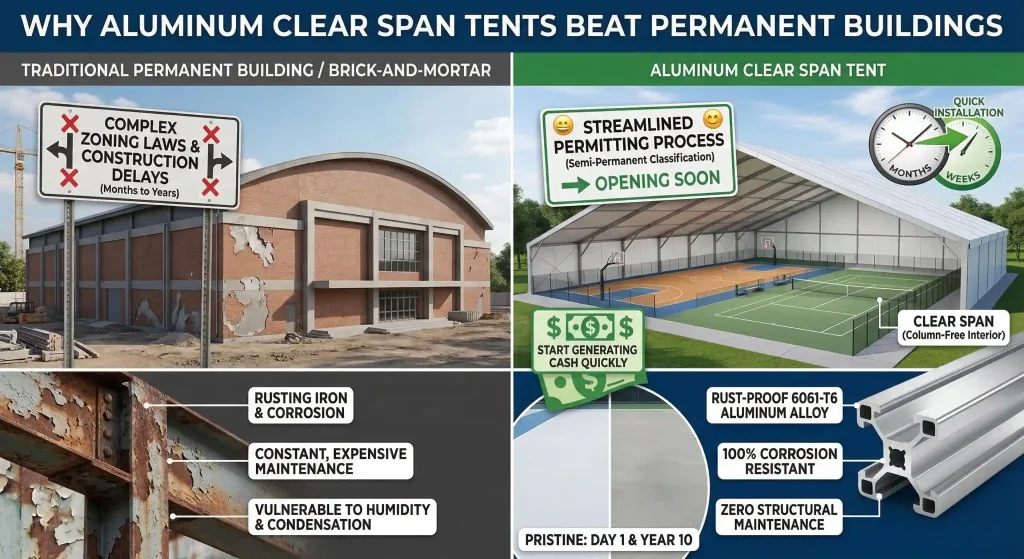 Infographic comparing brick buildings to rust-proof aluminum clear span sports tents.
