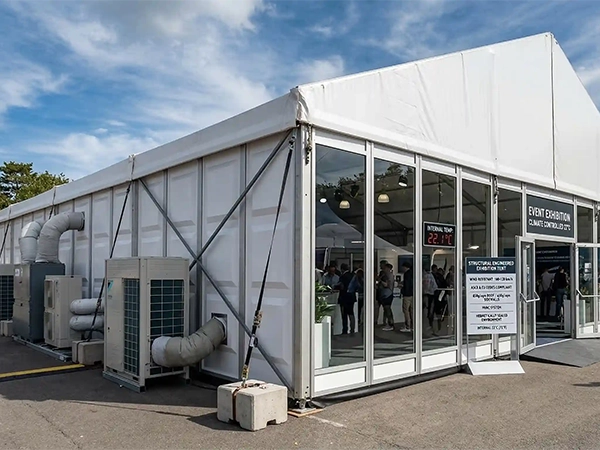 Glass-walled clear span exhibition tent equipped with large external HVAC climate control units.