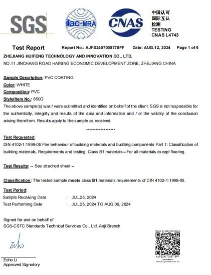 SGS test document verifying DIN 4102 B1 fire resistance for 850g PVC coating fabric.