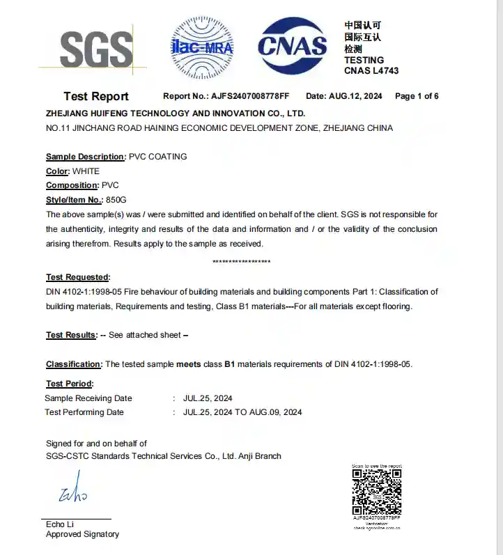 SGS test document verifying DIN 4102 B1 fire resistance for 850g PVC coating fabric.