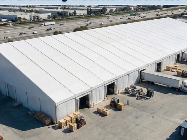 Large clear span industrial warehouse tent with forklifts and logistics trucks.