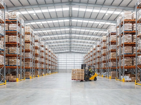 Forklift operating between tall pallet racks inside a spacious clear span warehouse tent.