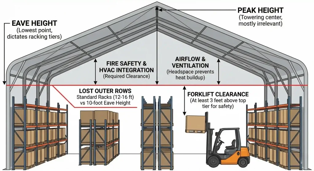 Cross-section diagram of a clear span tent showing eave height and internal clearance.
