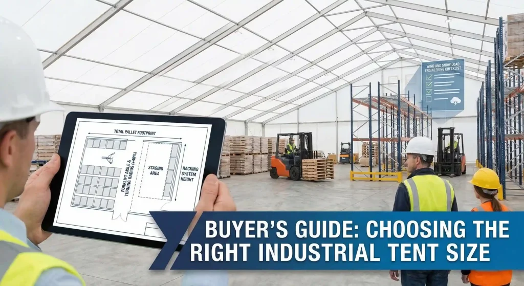 Worker holding a tablet with a floor plan inside a clear span industrial warehouse tent.