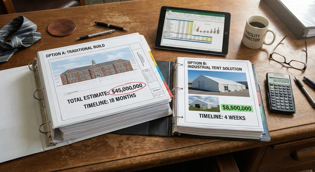 Binders comparing costly traditional builds to fast, affordable industrial clear span tents.