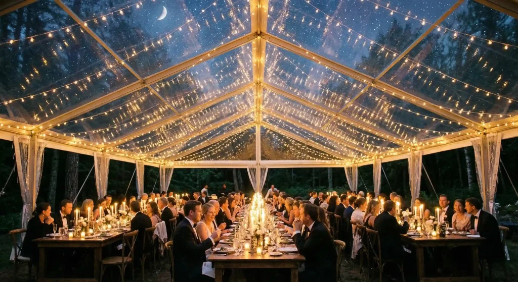 Guests dining inside a clear roof clear span tent illuminated by string lights.