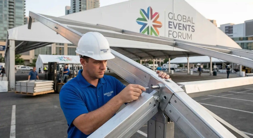 Shoulder Tent worker safely assembling a heavy-duty aluminum clear span frame with secure pins.