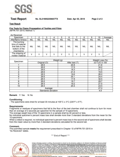 Official SGS test report showing NFPA 701 fire retardant certification for tent fabric.