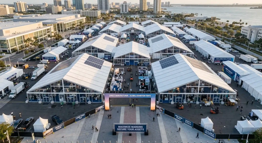 Aerial view of a massive interconnected clear span exhibition tent complex for a global trade show.