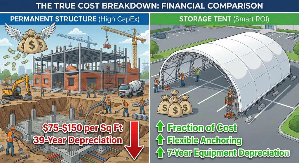 Infographic comparing expensive permanent buildings to cost-effective clear span storage tents