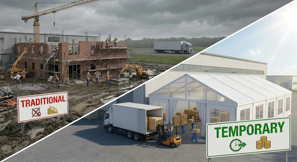 Comparison of slow traditional construction versus a fast cost-effective temporary warehouse tent.