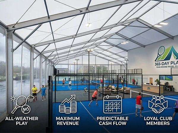 Indoor padel club inside a clear span tent with overlays highlighting all-weather revenue.
