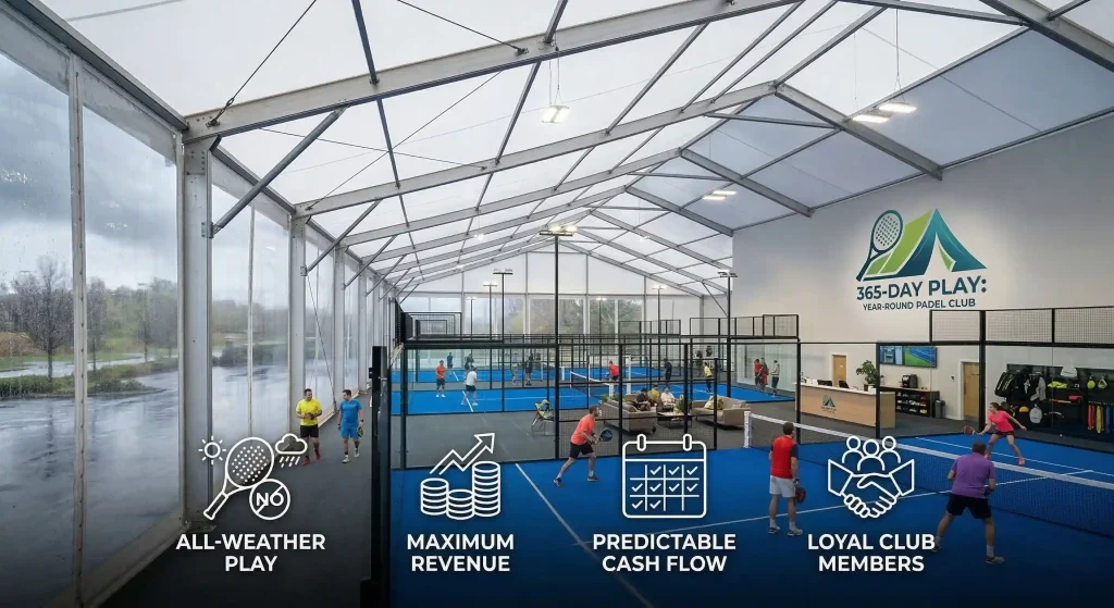 Indoor padel club inside a clear span tent with overlays highlighting all-weather revenue.