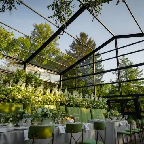 Interior of a clear roof aluminum tent showing unobstructed space for a luxury reception.