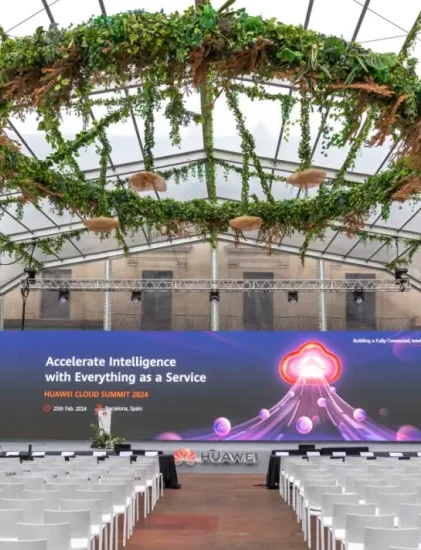 Corporate conference inside a clear top polygonal tent with heavy aluminum frame.