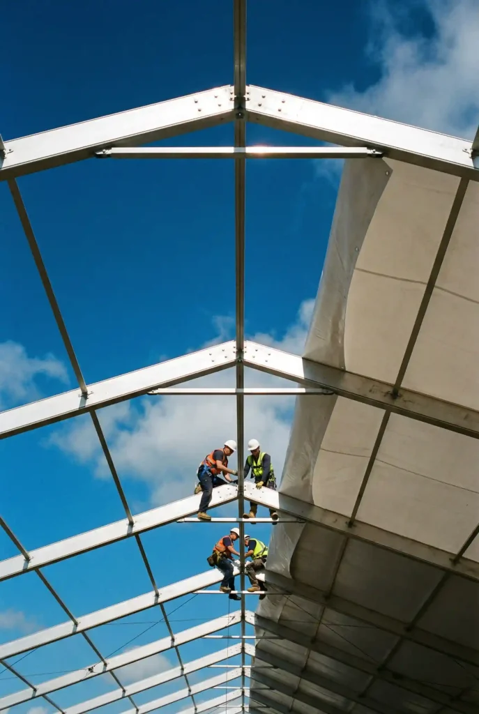 Workers in safety harnesses installing white PVC roof fabric on an aluminum tent frame.