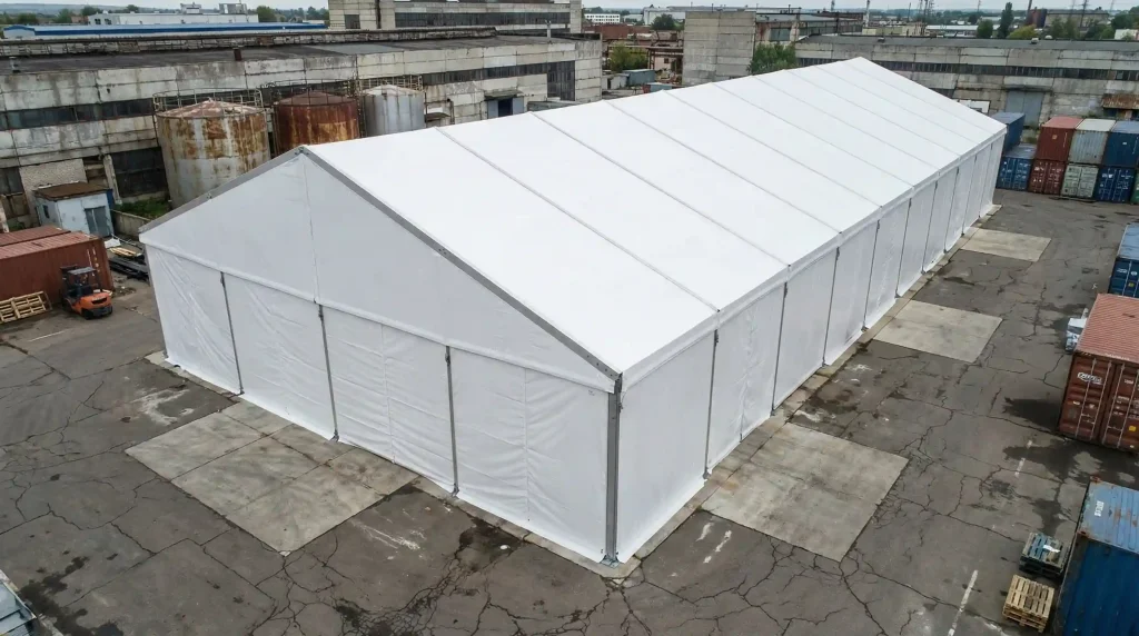 High angle view of an extra long white clear span storage tent in an industrial facility.