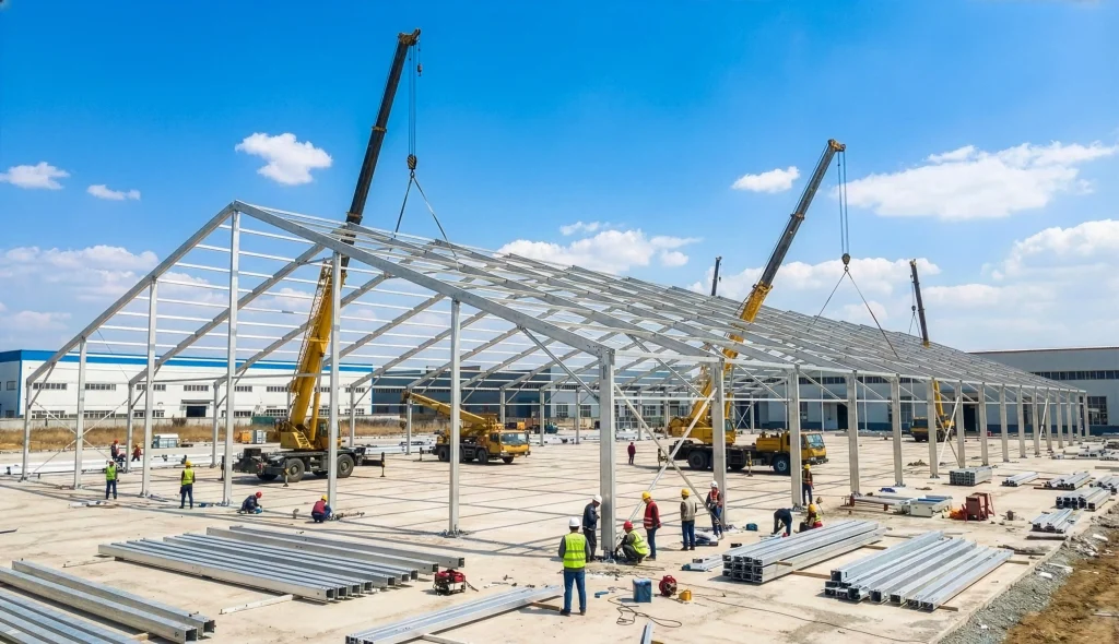 Hanging floral arrangement with glass baubles inside a clear span tent with white silk lining.