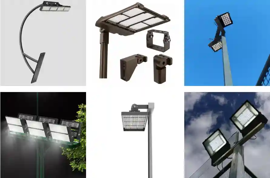 Several LED floodlight fixtures and mounting poles designed for outdoor sports and tent lighting.
