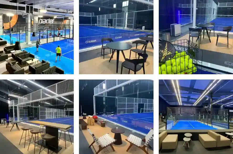 Collage of indoor padel courts with glass walls and lounge areas inside a clear span structure.