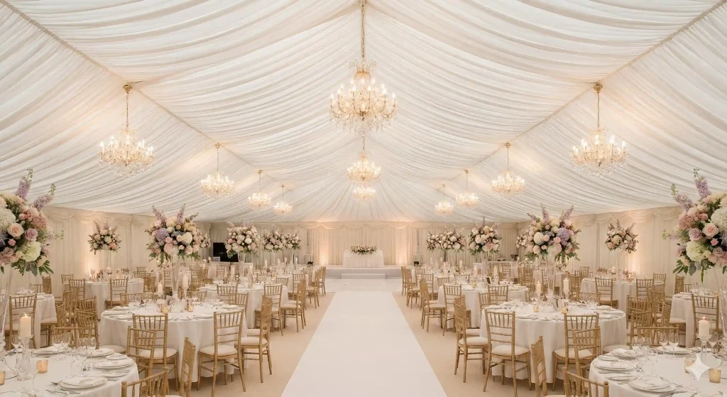 Huge clear span banquet tent interior fully decorated with pleated silk lining and chandeliers.