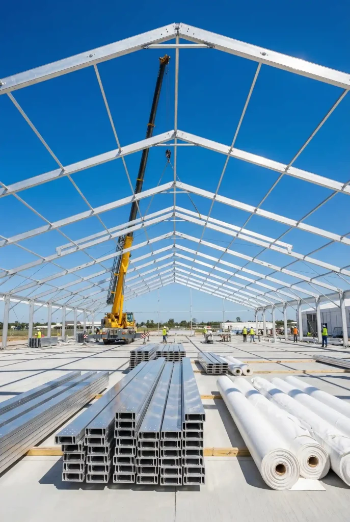 Crane assembling a large aluminum clear span tent frame with PVC rolls in the foreground.