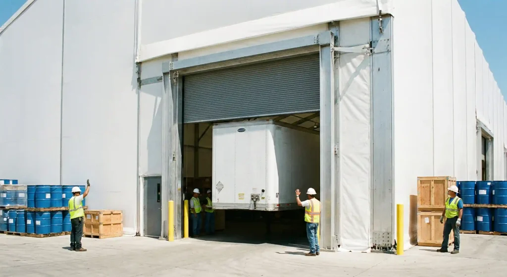 Workers guiding a cargo truck into a heavy duty clear span tent through a roller door.