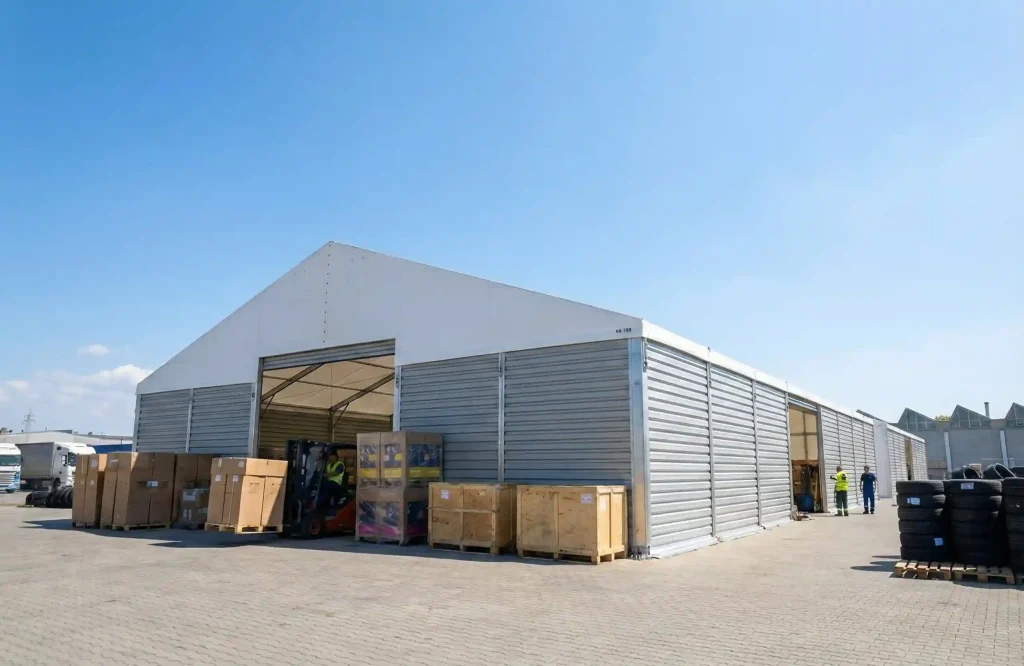 Forklift moving crates outside a modular warehouse tent featuring hard corrugated sidewalls.