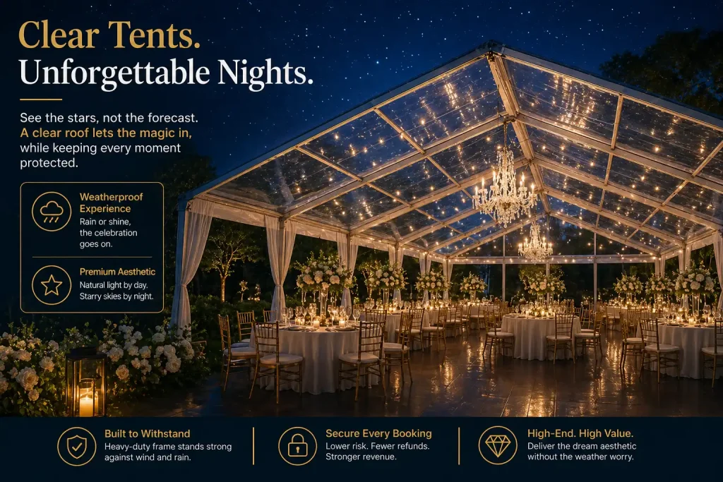 Clear roof event tent with a heavy-duty aluminum frame set up for a luxury night banquet.
