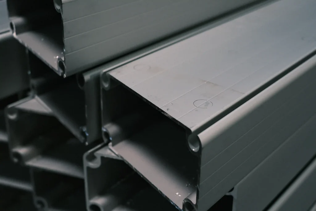 Close-up of heavy duty extruded aluminum profiles used for modular tent structures.