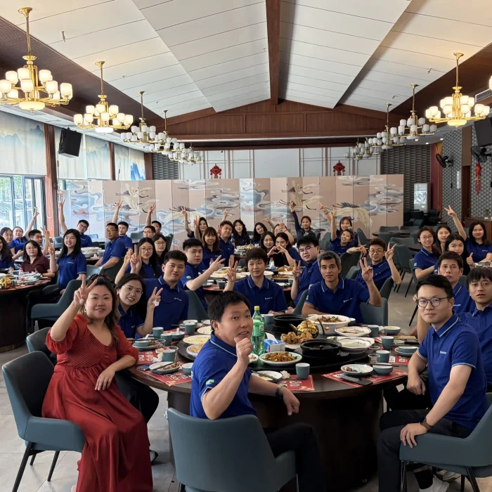 Shoulder Tent employees enjoying a celebratory banquet for the new manufacturing facility.