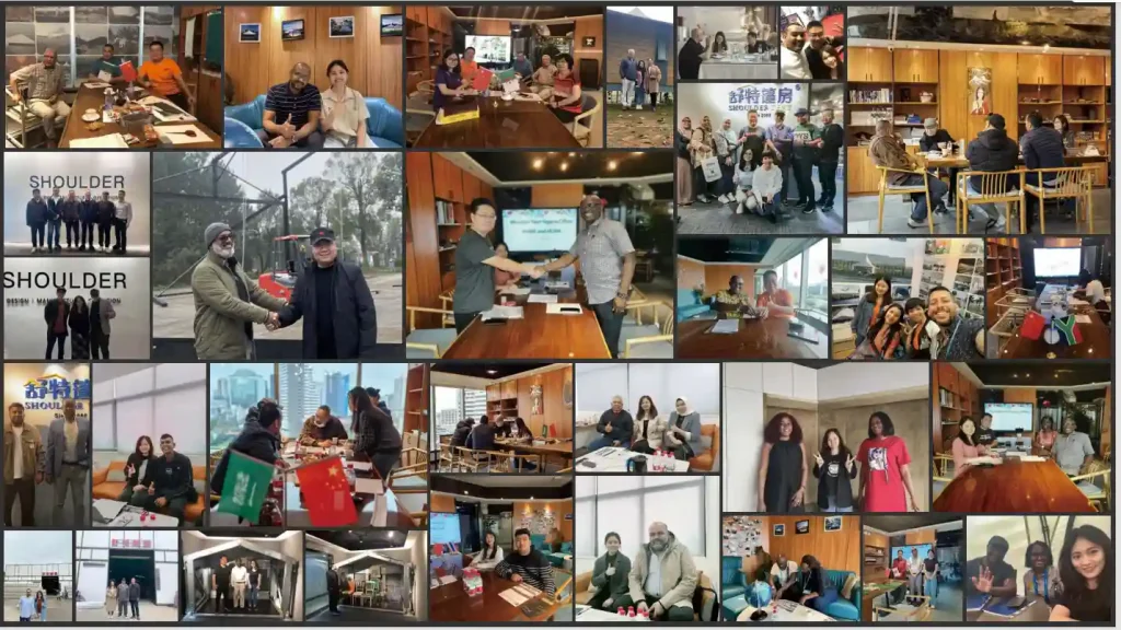 Collage of Shoulder team meeting with international clients for clear span tent projects.