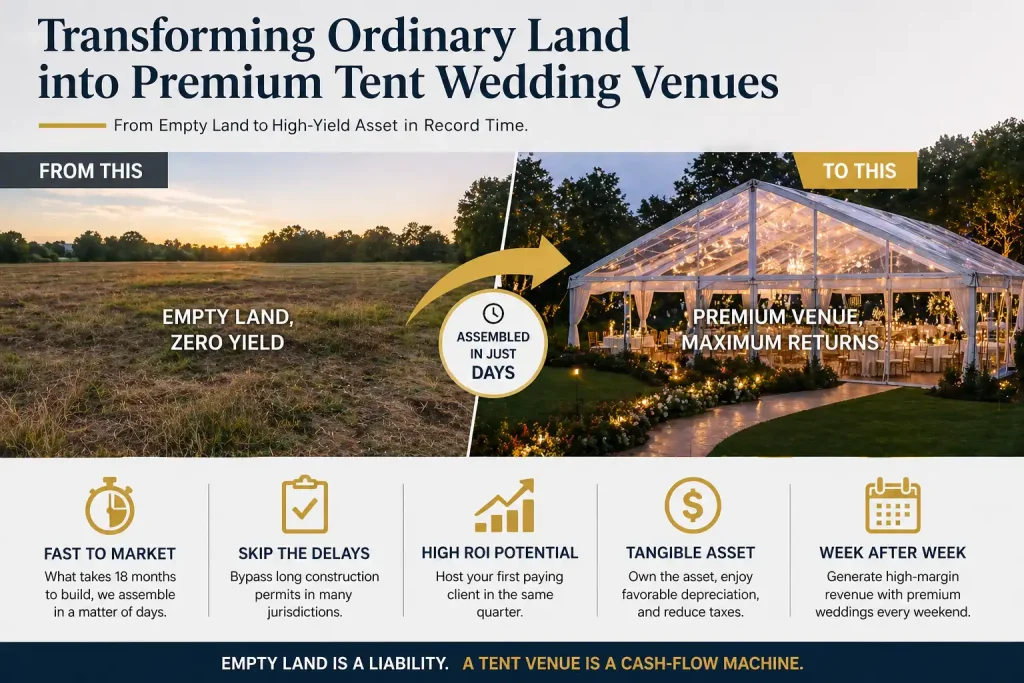 Transformation of empty land into a premium clear span tent venue using a fixed asset structure.