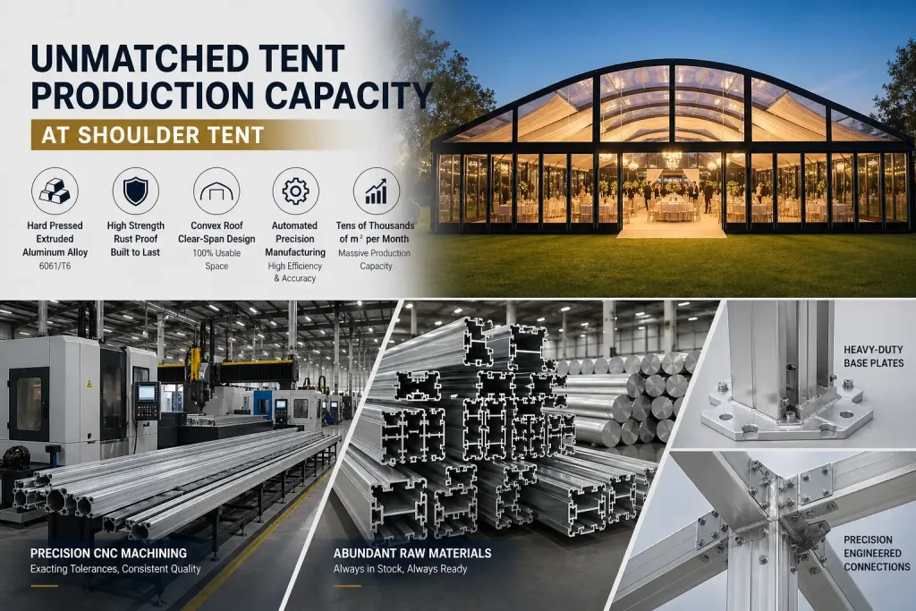 Shoulder Tent production capacity showing CNC machining, aluminum profiles, and a clear span tent.