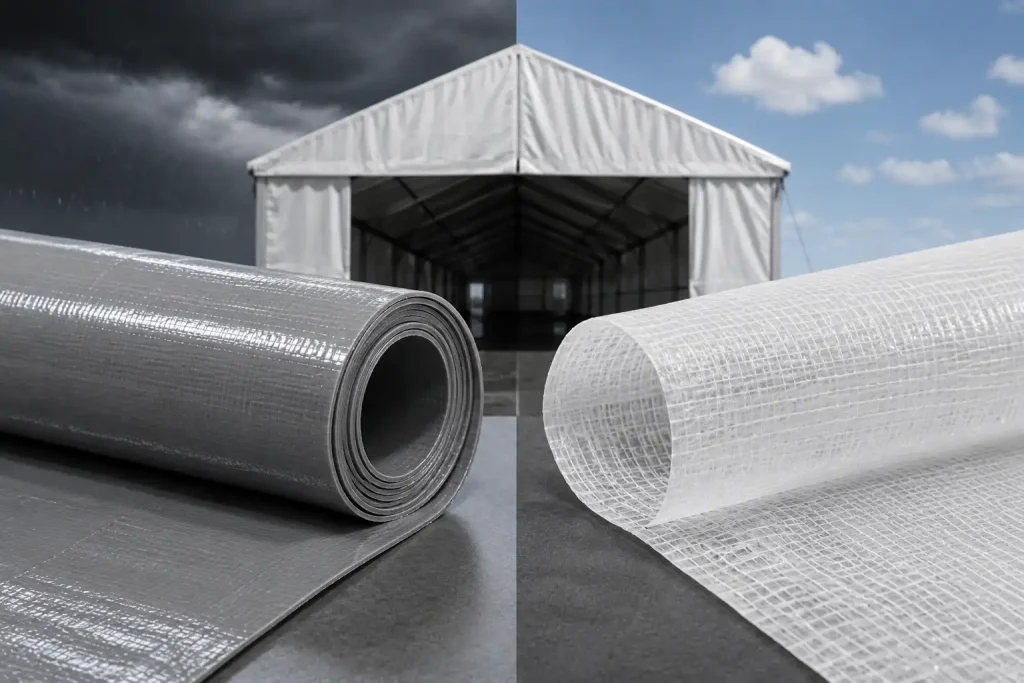 Grey and white PVC rolls showing weather resistance of aluminum clear span tents.