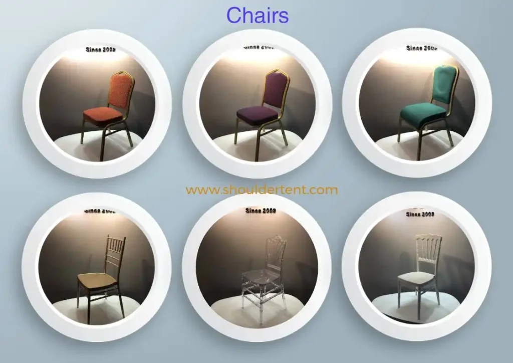 Stackable banquet and Chiavari chairs for commercial event structure setups.