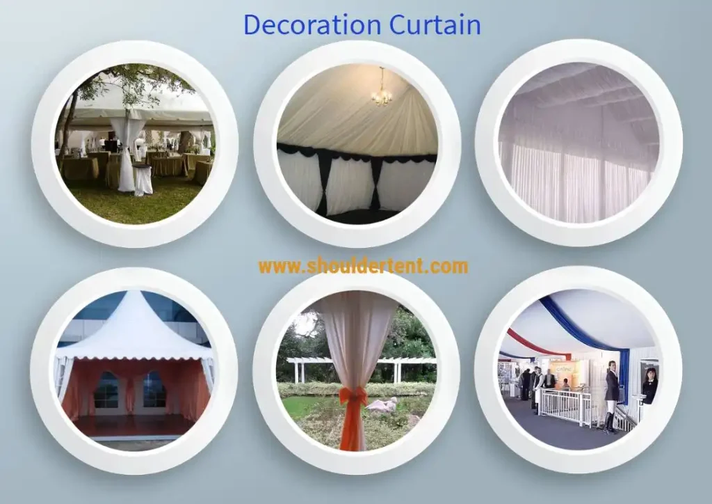 Custom decoration curtains and drapes for luxury aluminum event structures.