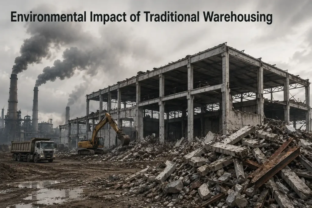 Demolition of a traditional concrete warehouse showing heavy rubble and industrial pollution
