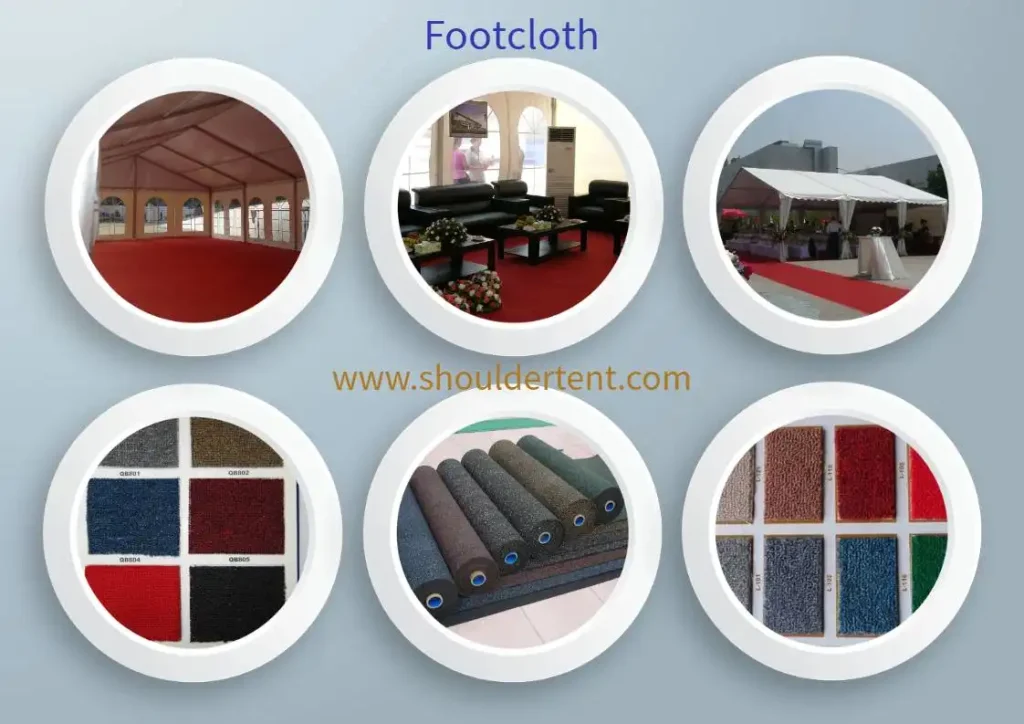 Commercial-grade footcloth and exhibition carpets for large modular structures.
