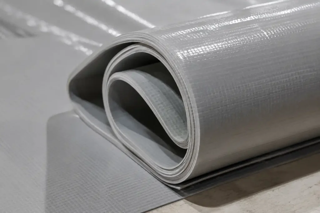 Close-up of a heavy-duty grey PVC coated fabric roll used for tent covers.