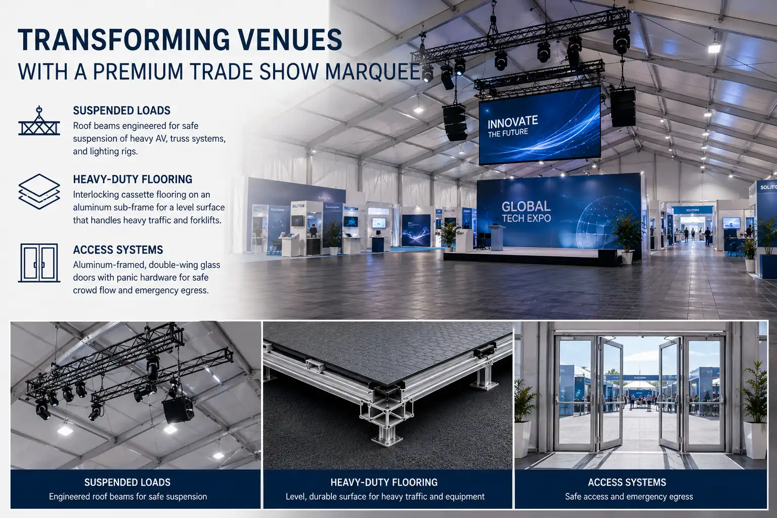 Premium trade show marquee interior featuring heavy-duty flooring, glass doors, and suspended truss.