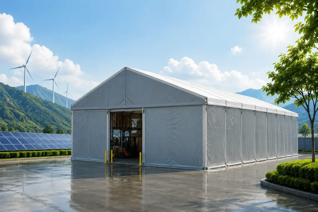 Semi-permanent aluminum warehouse structure located next to a renewable solar energy farm.