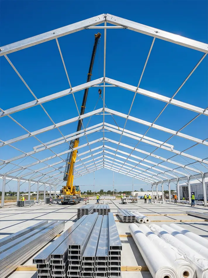 Interior view of a heavy-duty aluminum tent frame being assembled by a crane on a concrete base.
