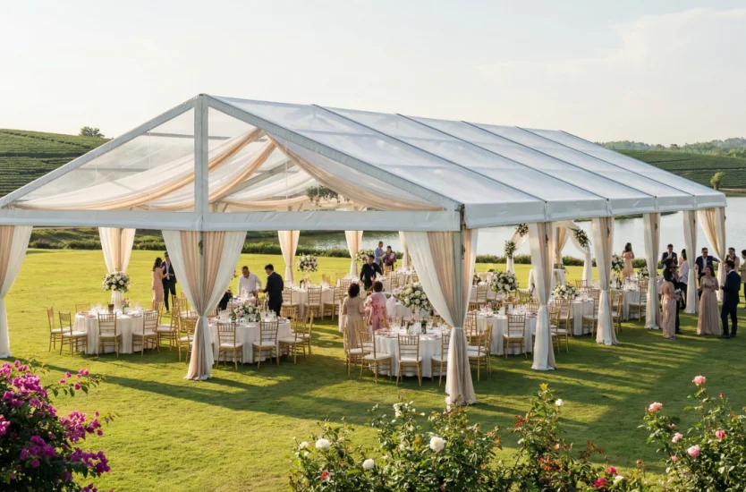 Transparent clear span event tent with open sides and draped legs on a green lawn.