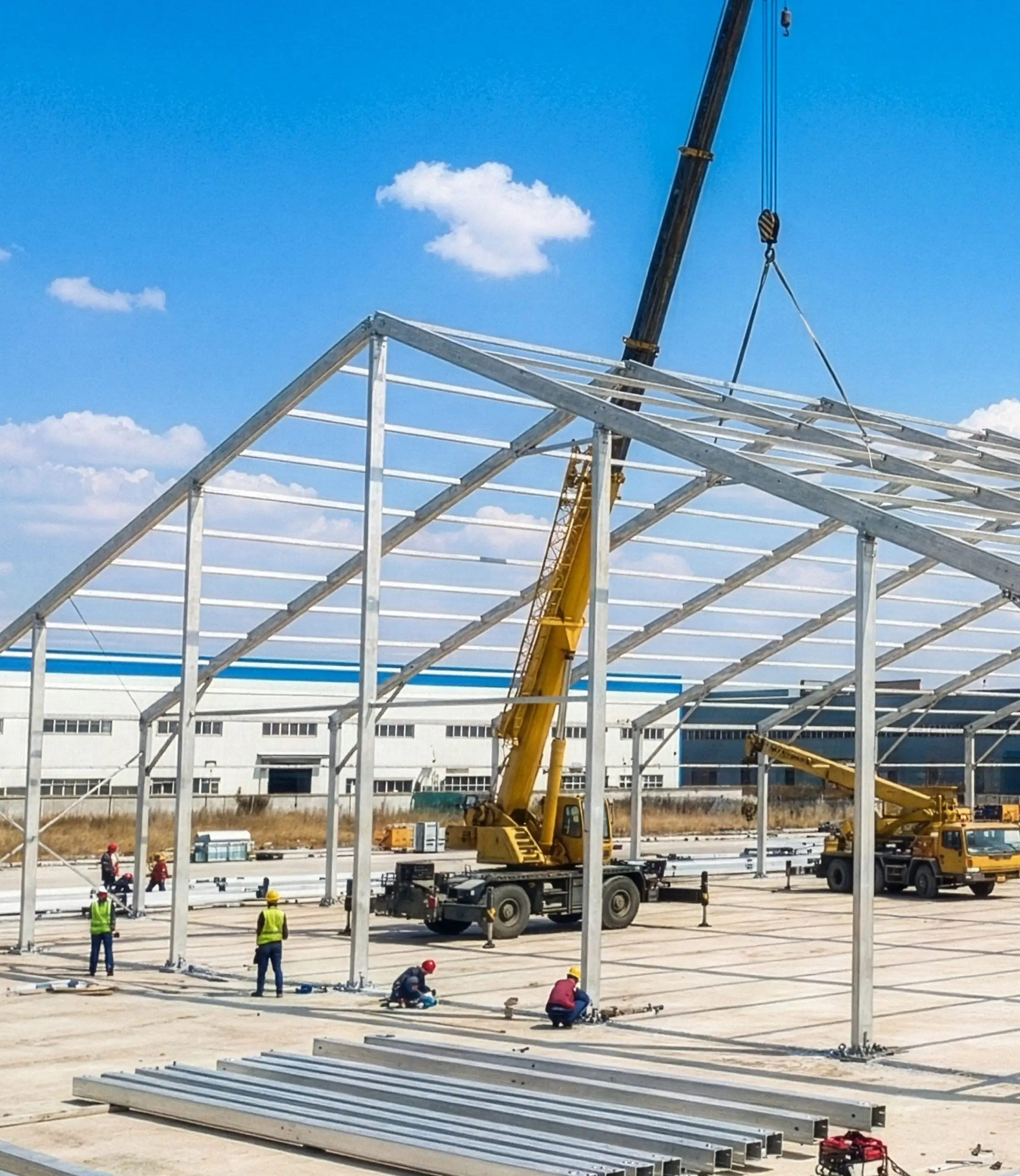 Yellow crane lifting aluminum roof sections during a large clear span tent installation.