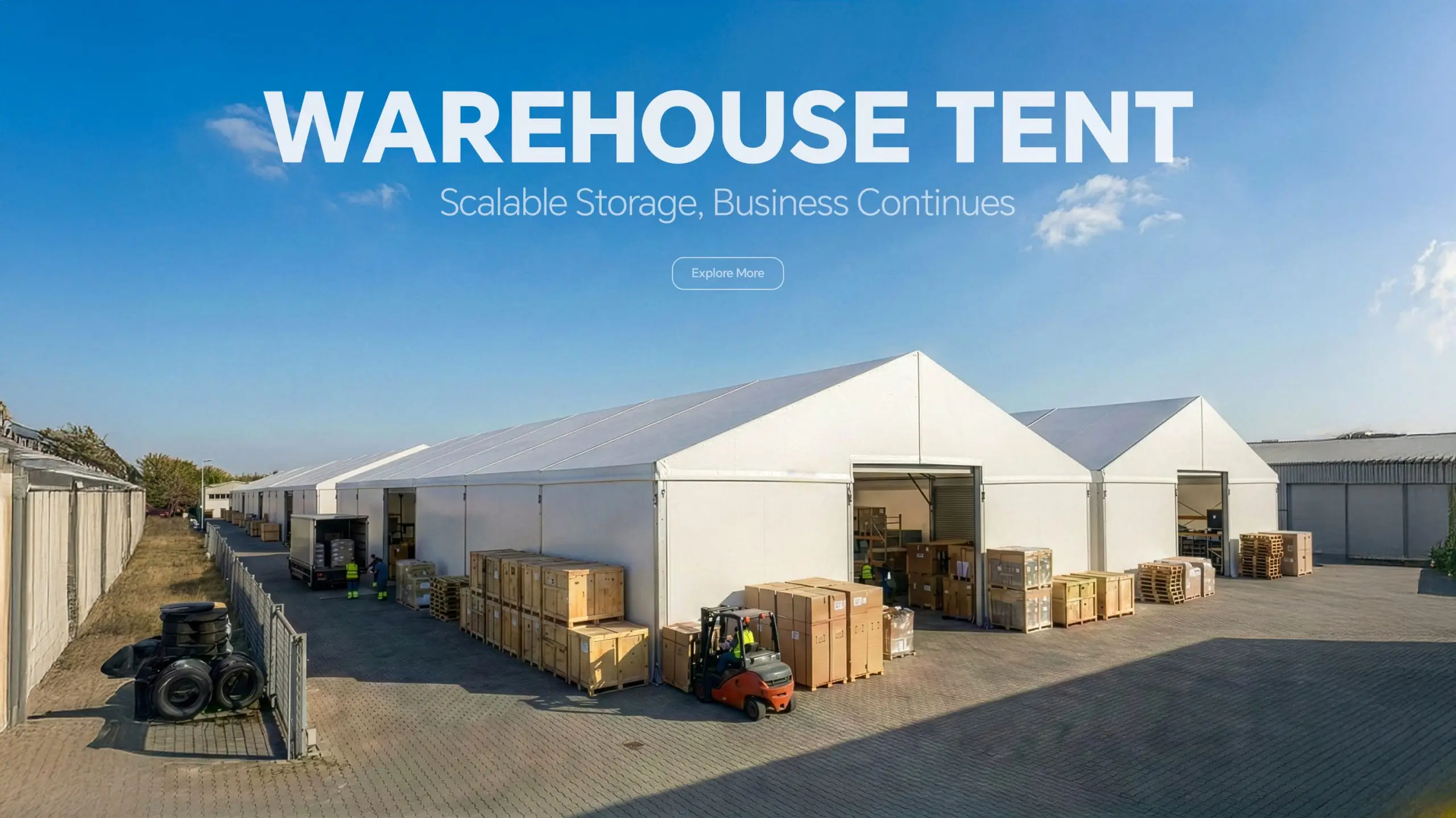 Forklifts moving wooden crates outside a large white clear span warehouse tent facility.